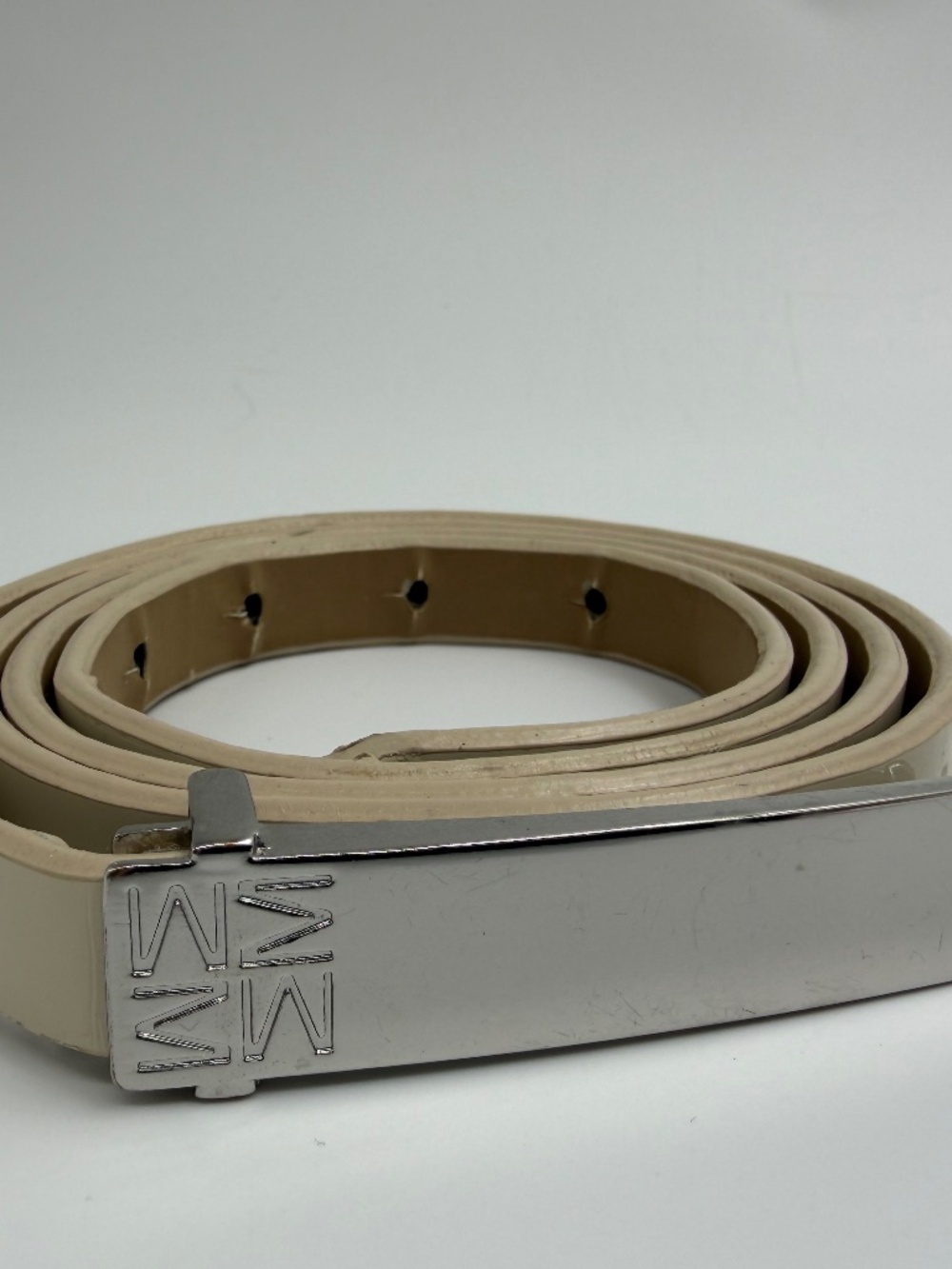 Mexx Ivory Leather Belt with Brushed Silver Logo Buckle